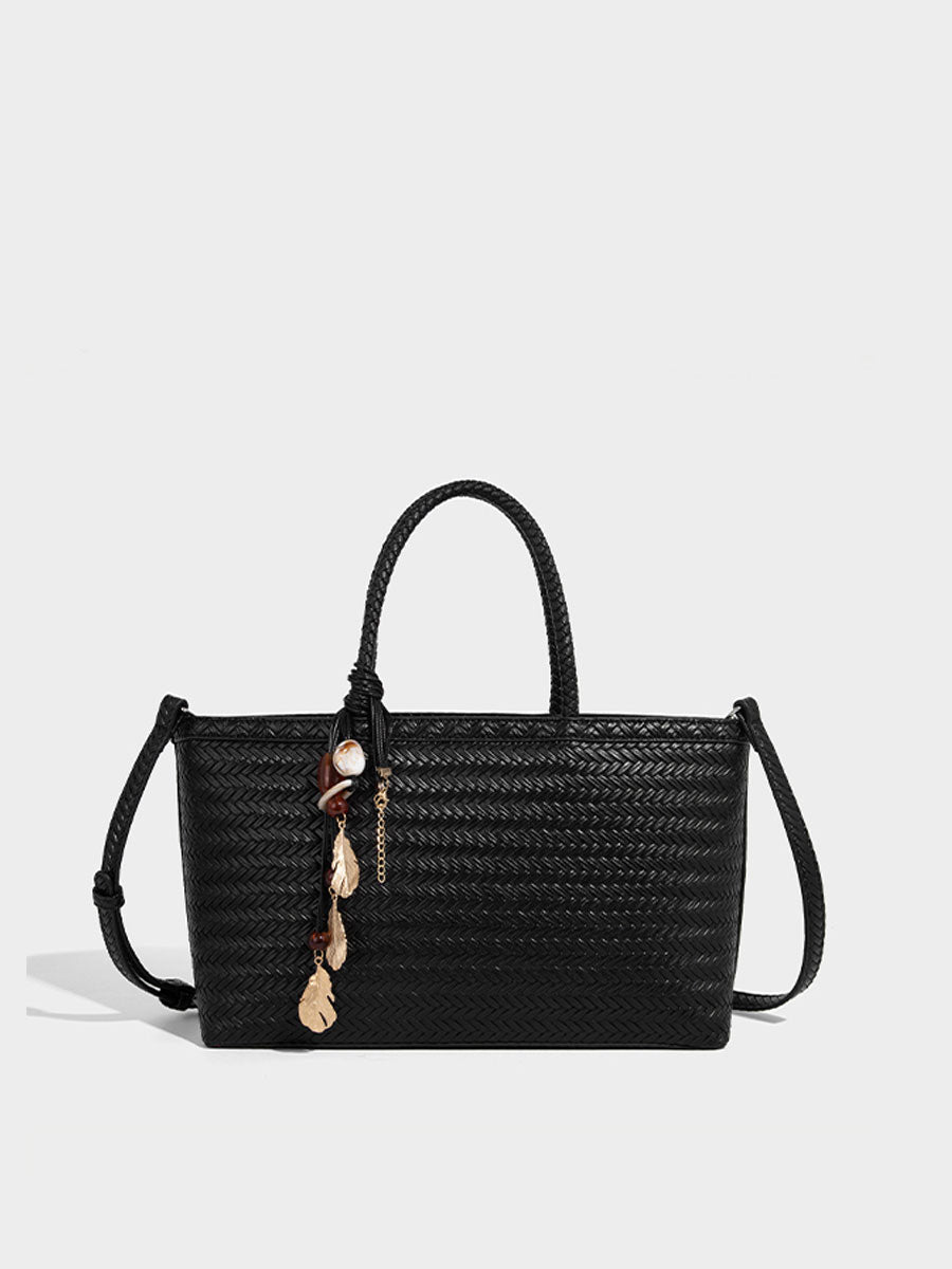 Real Leather Woven Tote Basket Bag White
