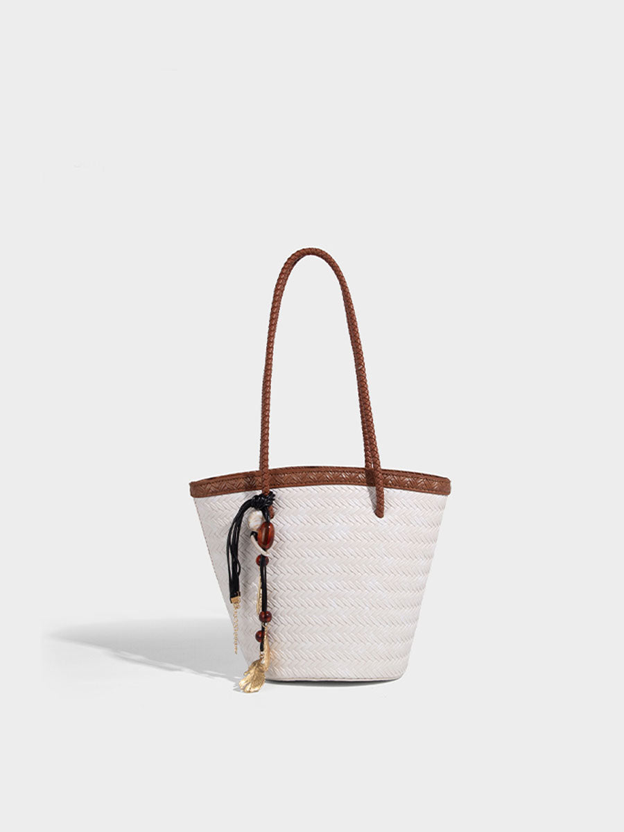 Boho Real Leather Woven Bucket Tote Bag Black