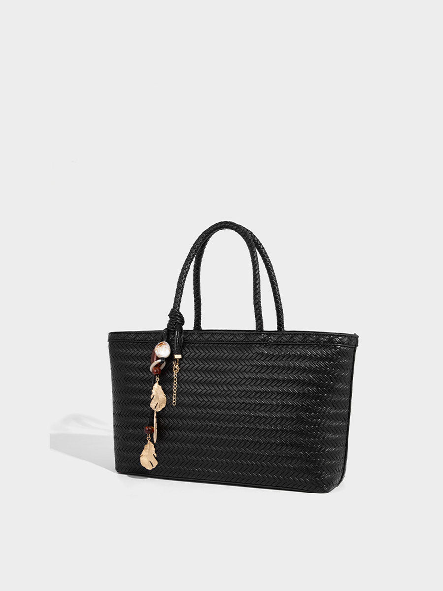 Real Leather Woven Tote Basket Bag White