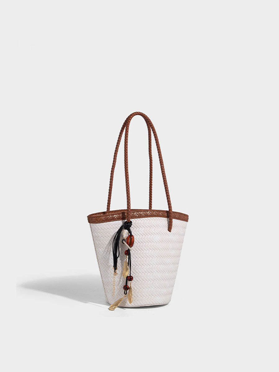 Boho Real Leather Woven Bucket Tote Bag Black
