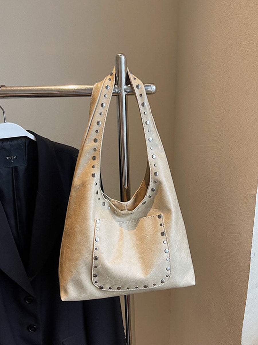 Studded Soft Leather Shoulder Tote Handbag Beige