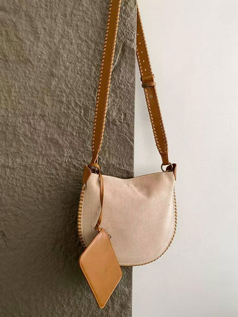 Vintage Suede Hobo Shoulder Bag Beige Small