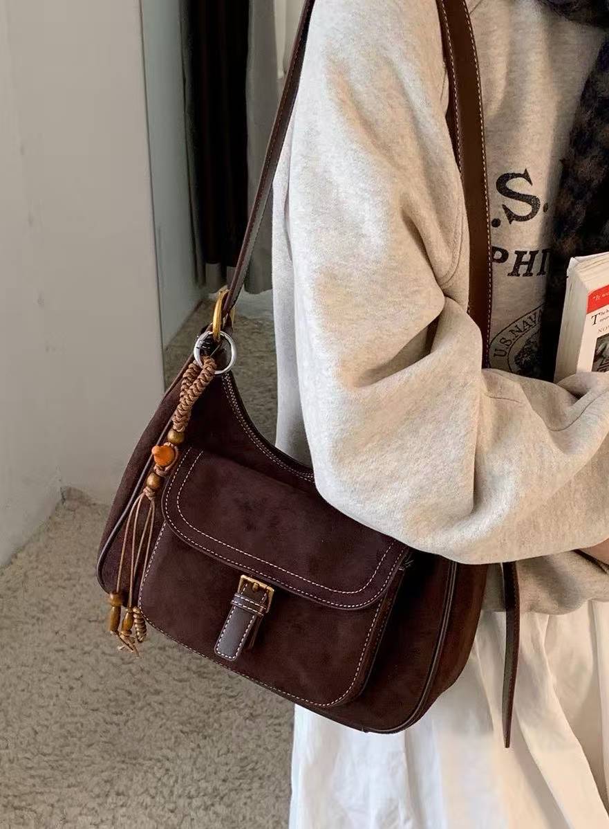 Vintage Suede Commuter Shoulder Bag Khaki