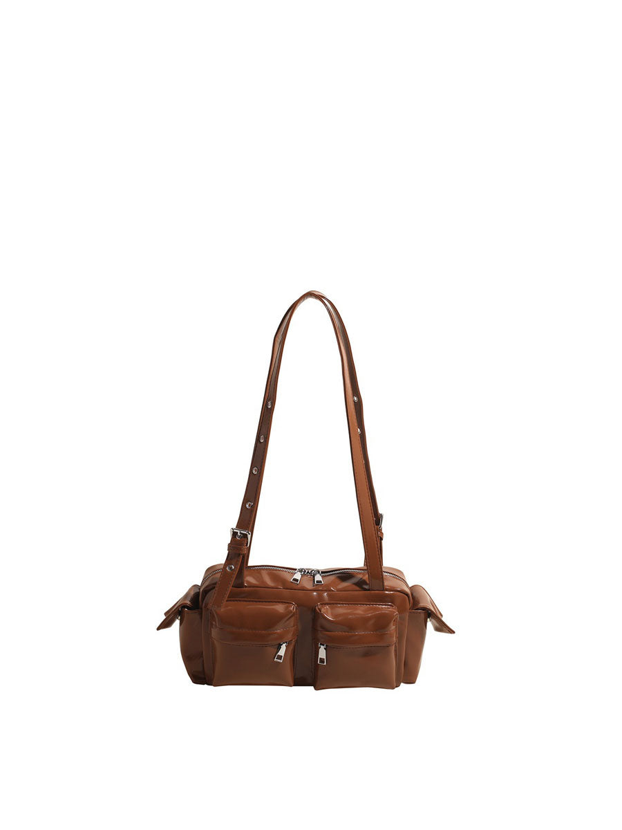 Glossy Vegan Leather Shoulder Bag Black