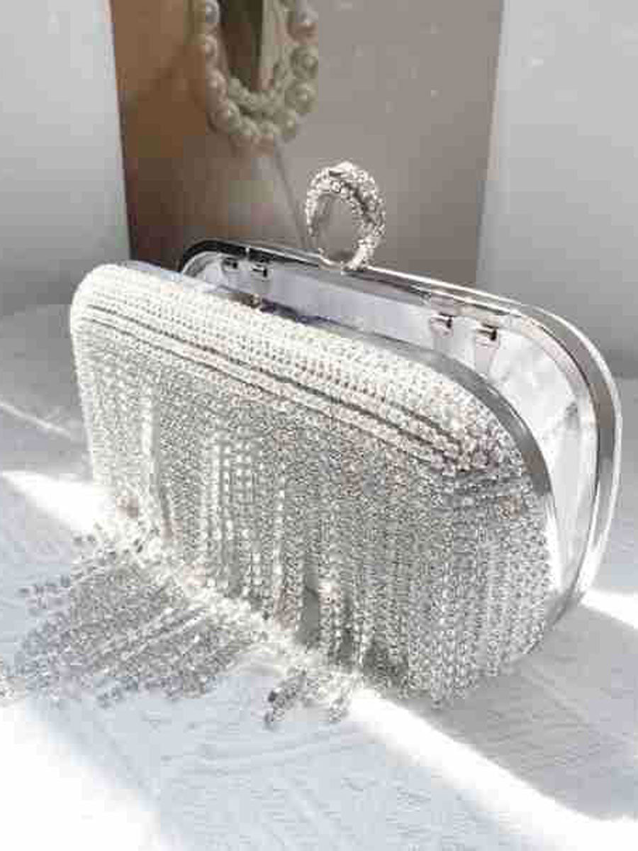 Rhinestone Tassel Clutch Purse Handbag Black