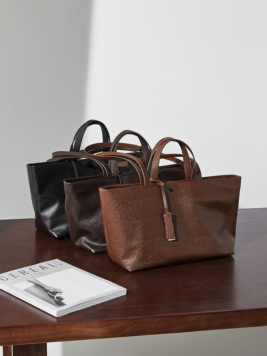 Oversize Genuine Leather Dual Handle Tote Bag Coffee