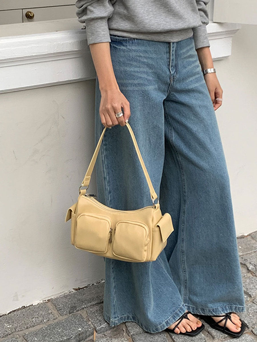 Trendy Shoulder Baguette Bag with Pockets White