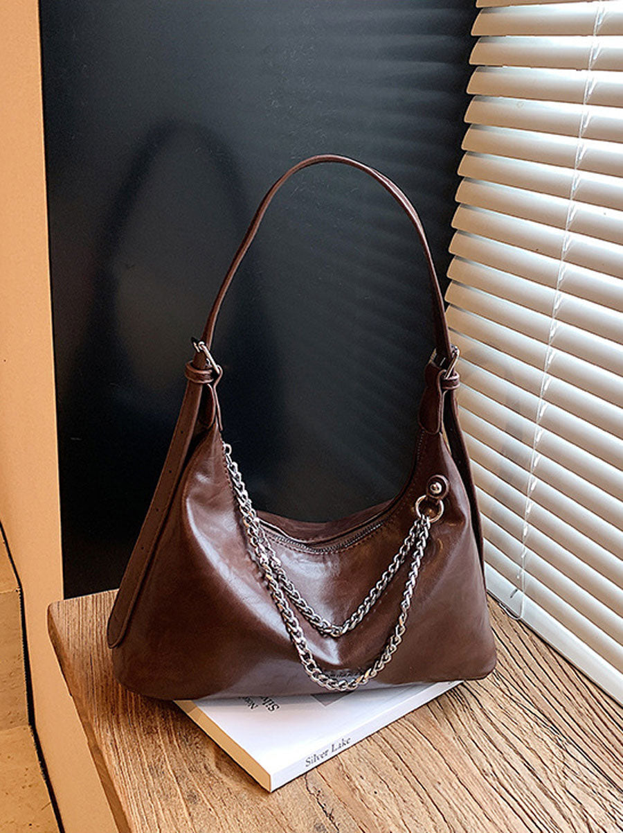 Chic Leather Underarm Bag with Chain White