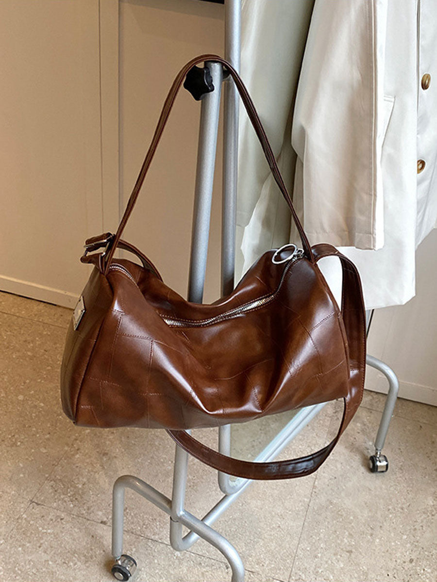 Oversized Leather Shoulder Bag Brown