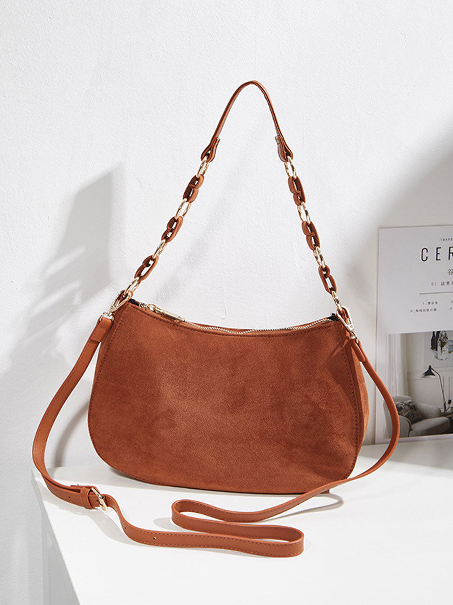 Brown Suede Baguette Shoulder Bag Brown