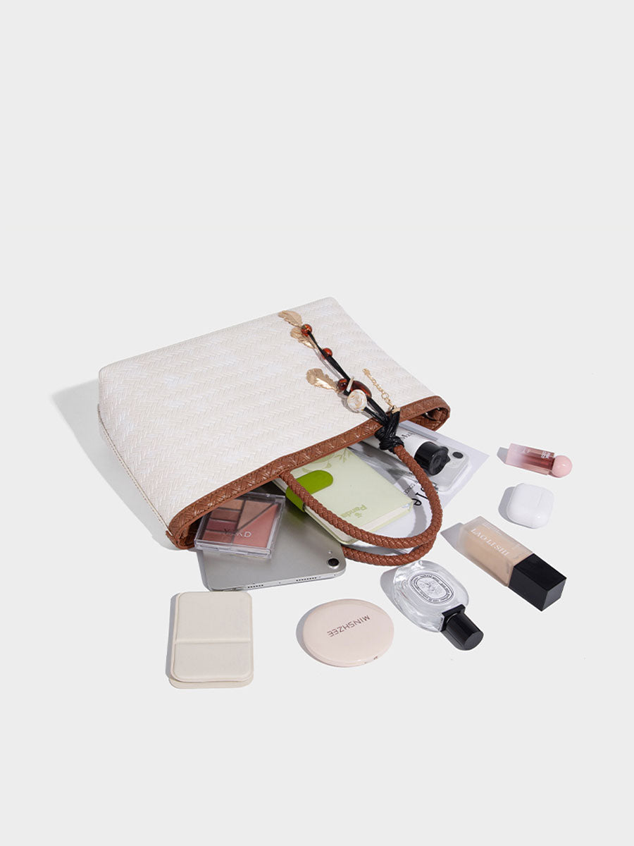 Real Leather Woven Tote Basket Bag White