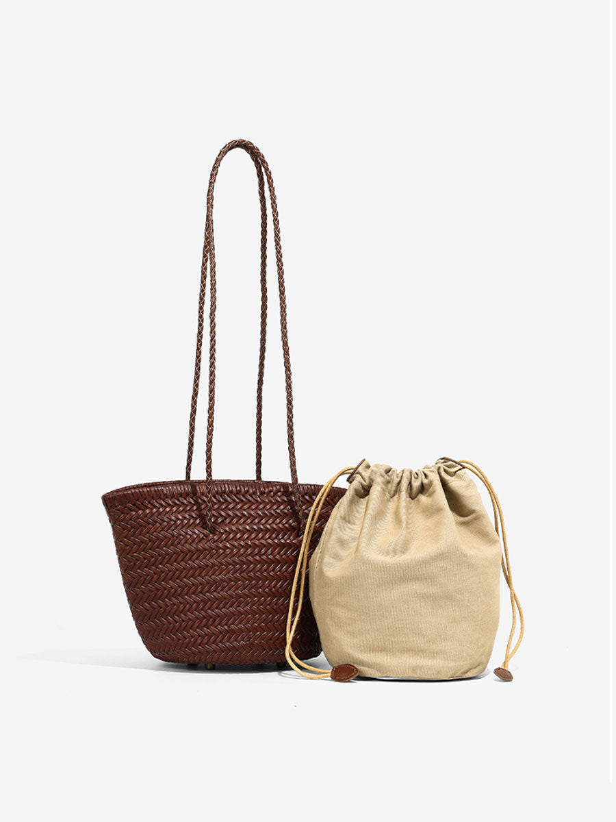French Vintage Real Leather Bucket Tote White