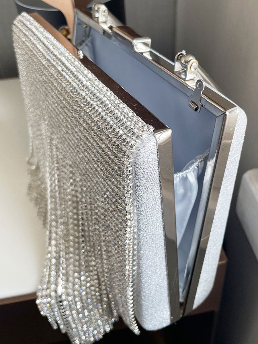 Box Rhinestone Tassel Handbag Silver