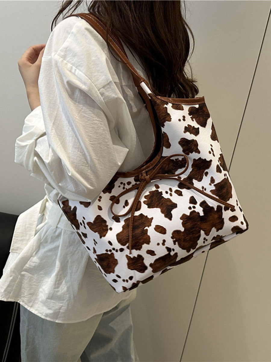 Cow Print Tote Bag with Bow Brown