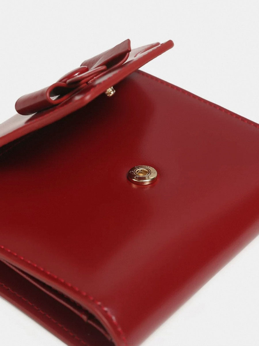 Genuine Leather Bow Short Wallet Red