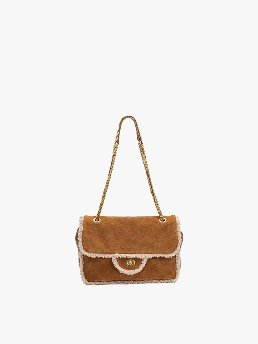Vintage Shearling Trim Shoulder Bag Brown