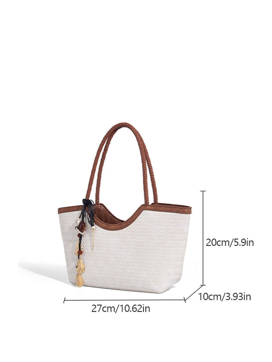 Boho Real Leather Woven Tote Bag Reddish Brown