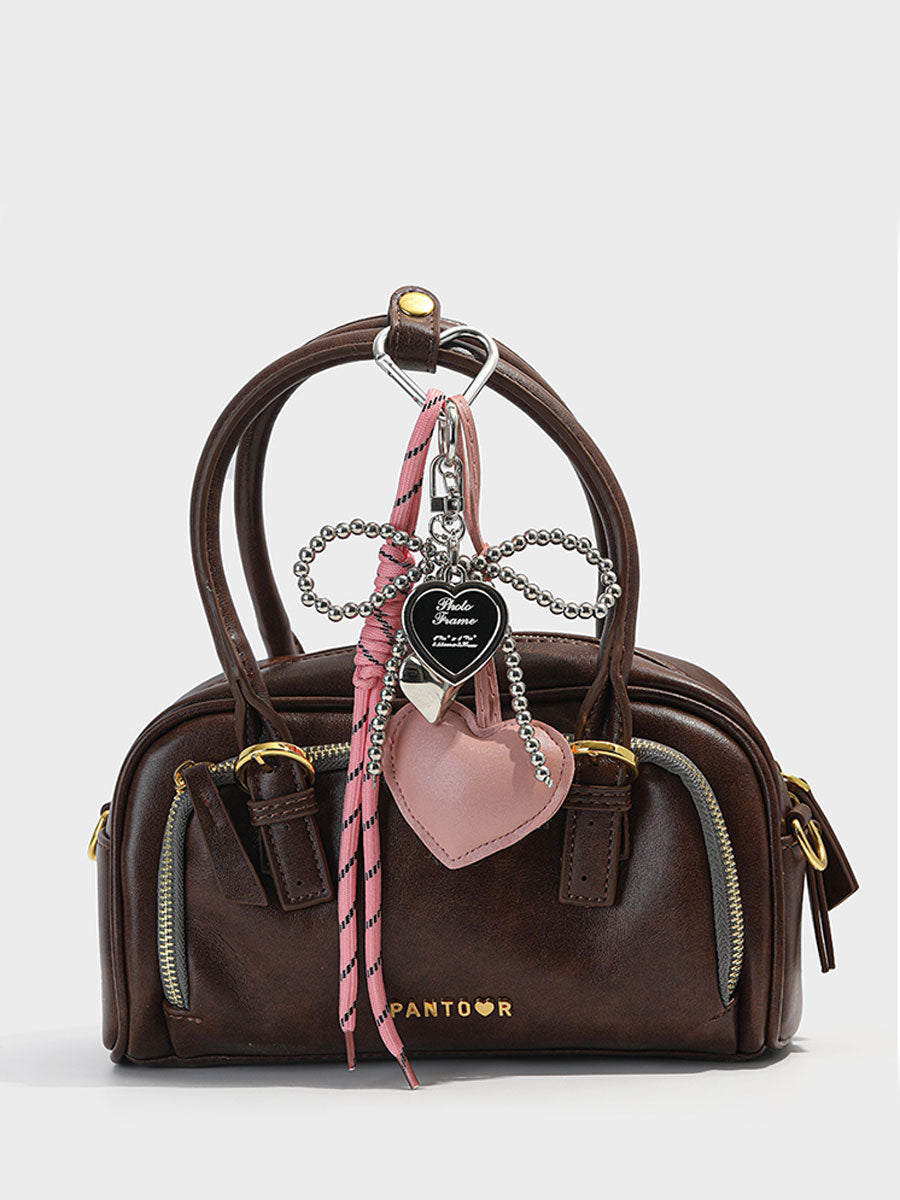 Silver Bead Bow Bag Charm – Chic Leather Heart Keychain Pendant for Women