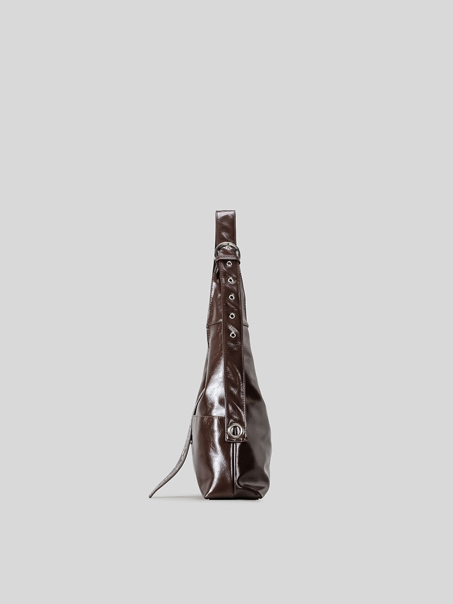 Large Patent Leather Hobo Bag with Grommet Strap Brown