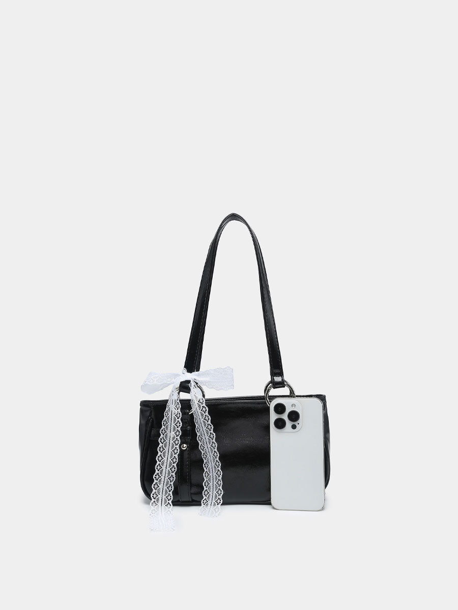 Vintage Shoulder Bag with Lace Bow Black