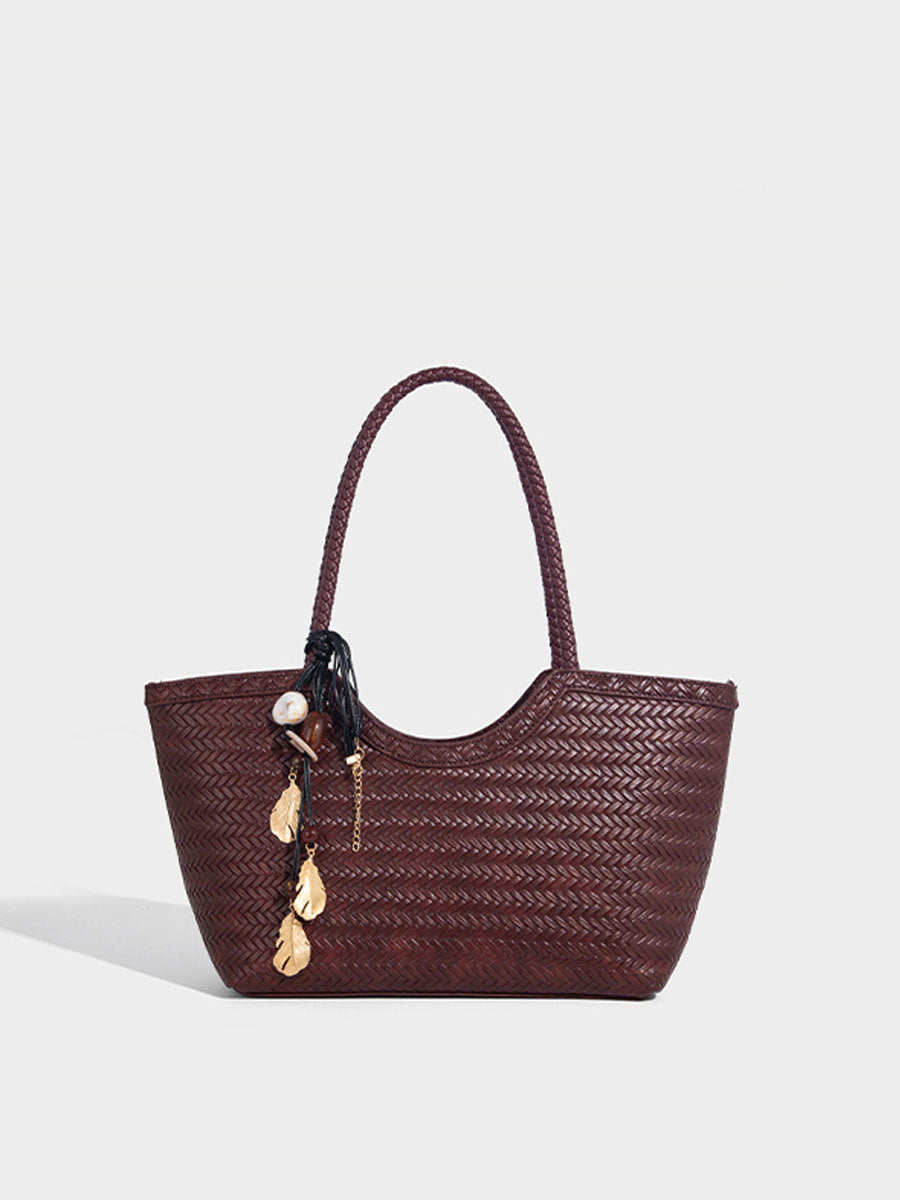 Boho Real Leather Woven Tote Bag Reddish Brown