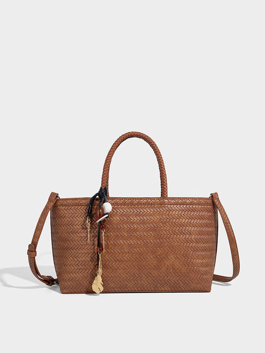 Real Leather Woven Tote Basket Bag White