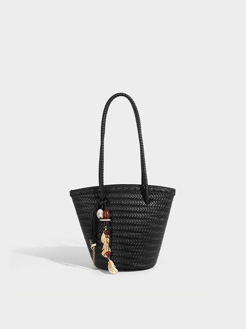 Boho Real Leather Woven Bucket Tote Bag Black