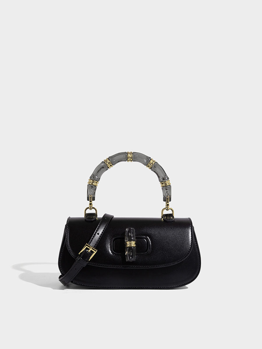 Macaron Leather Saddle Bag with Crystal Handle Black