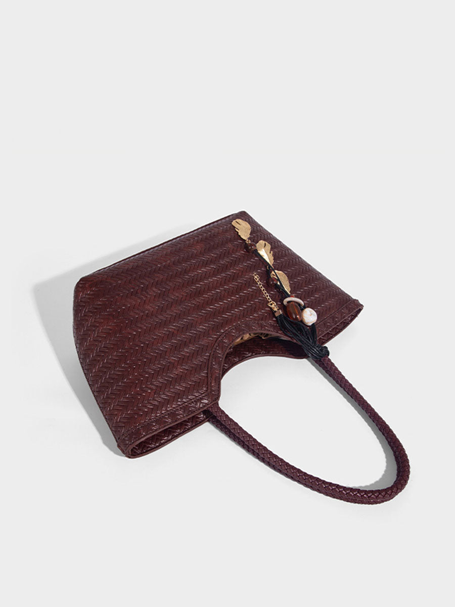 Boho Real Leather Woven Tote Bag Reddish Brown