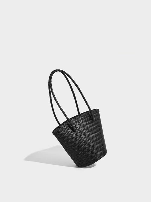Boho Real Leather Woven Bucket Tote Bag Black