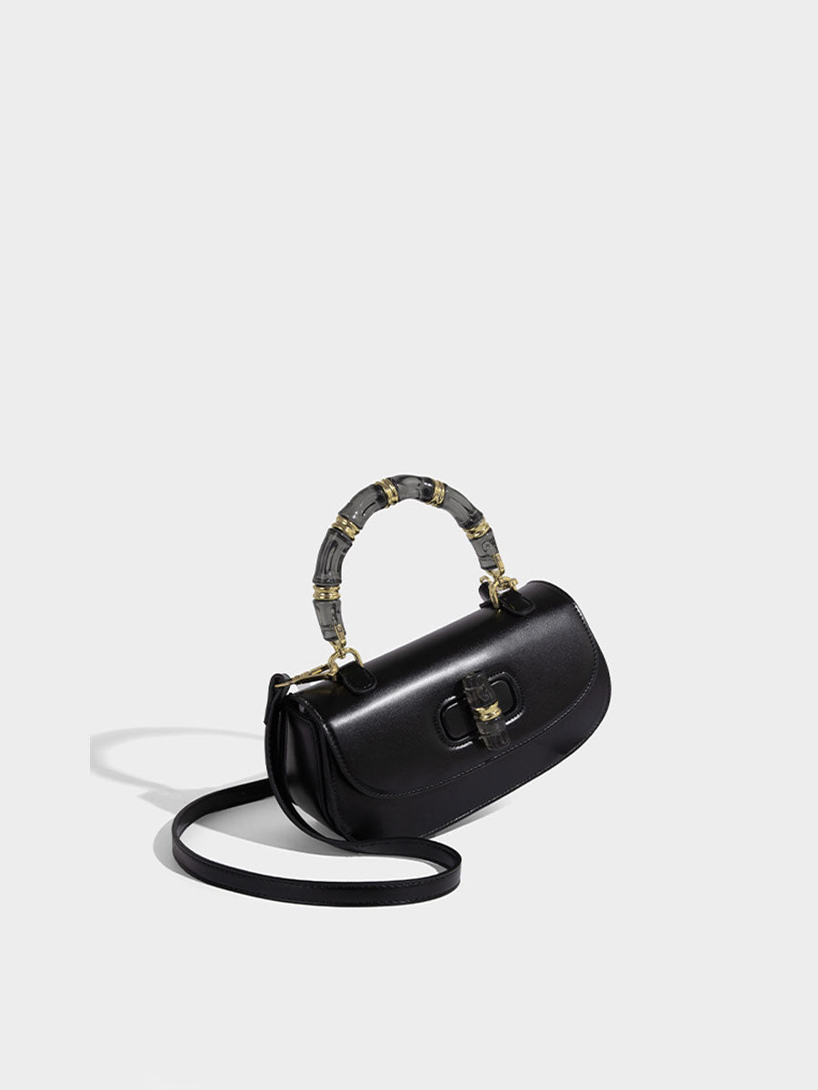 Macaron Leather Saddle Bag with Crystal Handle Black