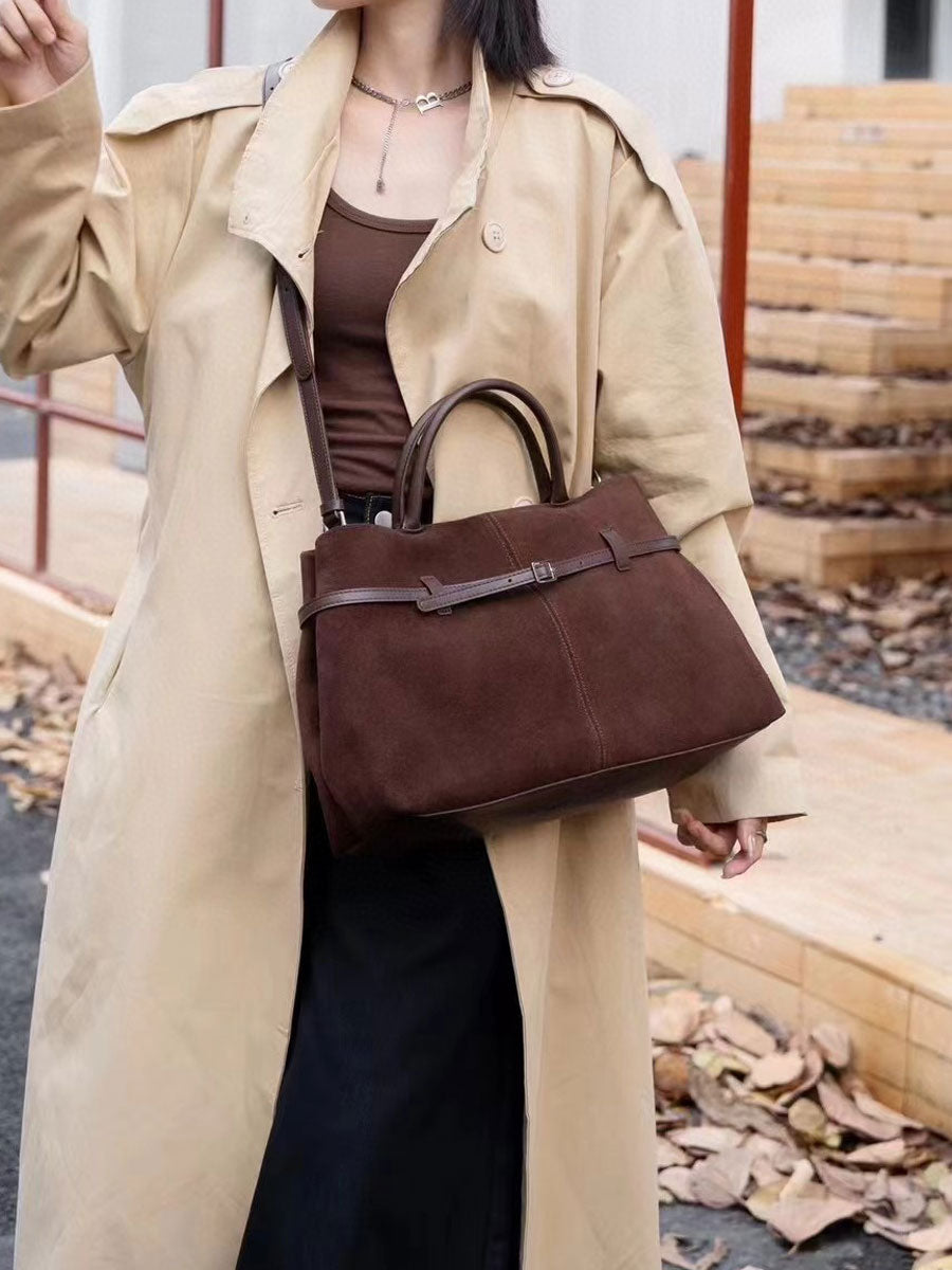 Vintage Suede Tote Bag With Strap Brown Leather