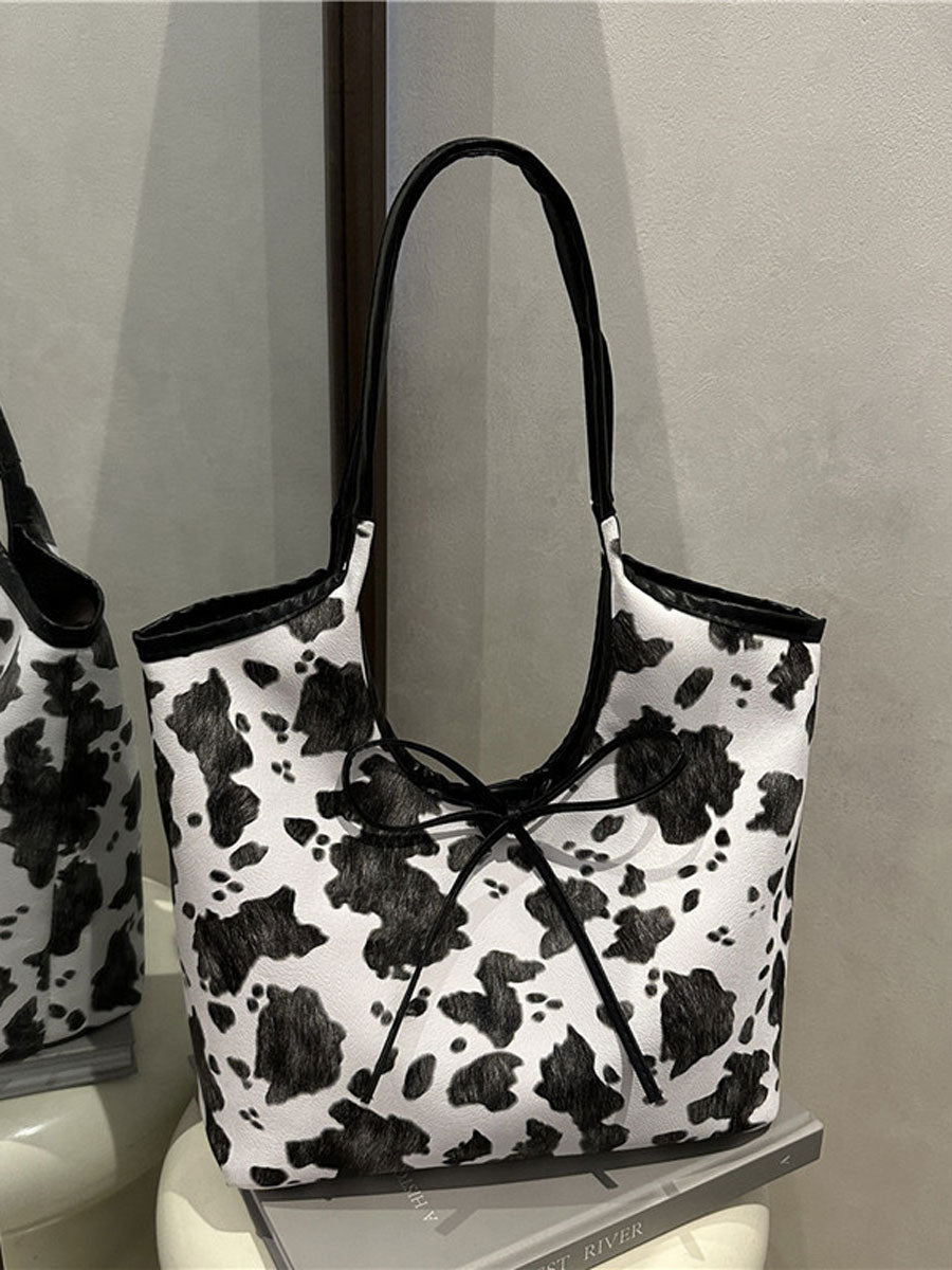 Cow Print Tote Bag with Bow Brown