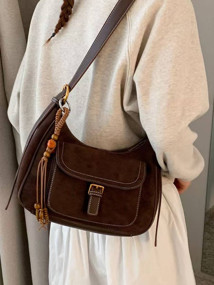Vintage Suede Commuter Shoulder Bag Khaki