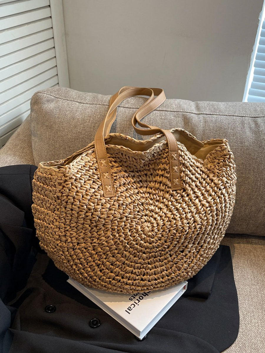 Large Woven Straw Tote Bag Khaki