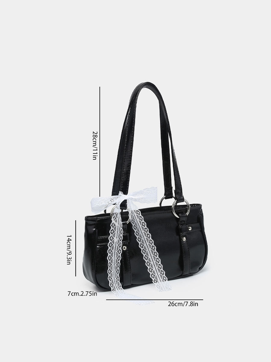 Vintage Shoulder Bag with Lace Bow Black