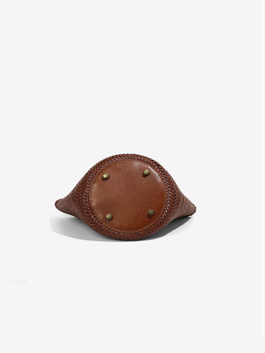 French Vintage Real Leather Bucket Tote Brown