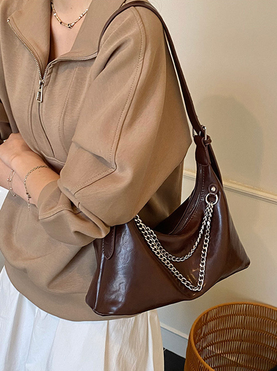 Chic Leather Underarm Bag with Chain White