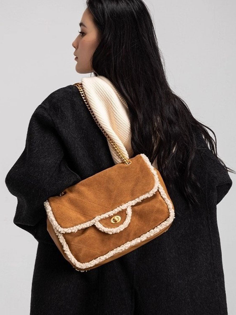 Vintage Shearling Trim Shoulder Bag Black