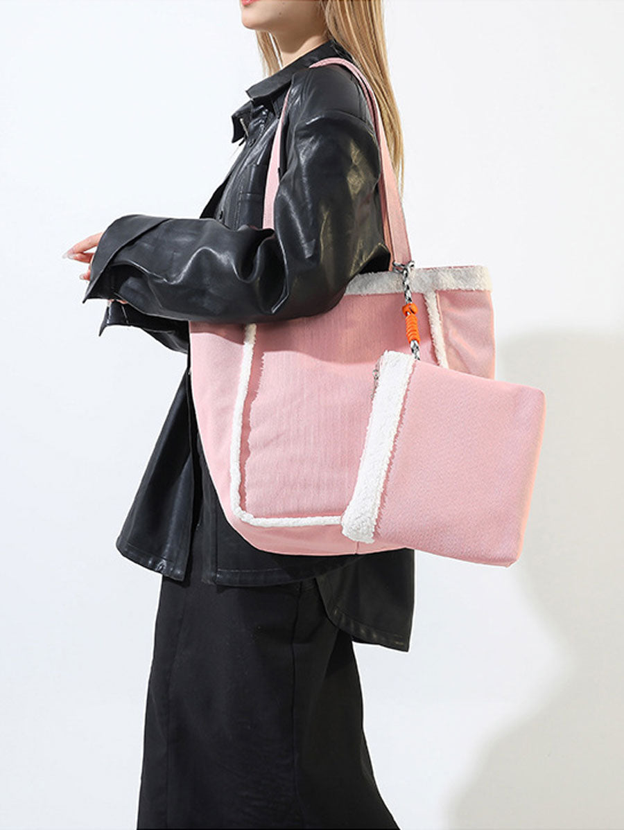 Cozy Sherpa Trim Tote Bag Black