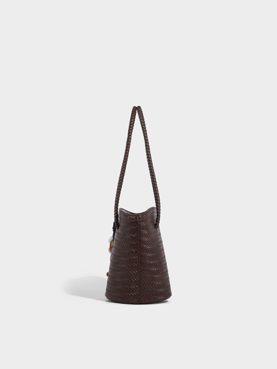Boho Real Leather Woven Bucket Tote Bag Black