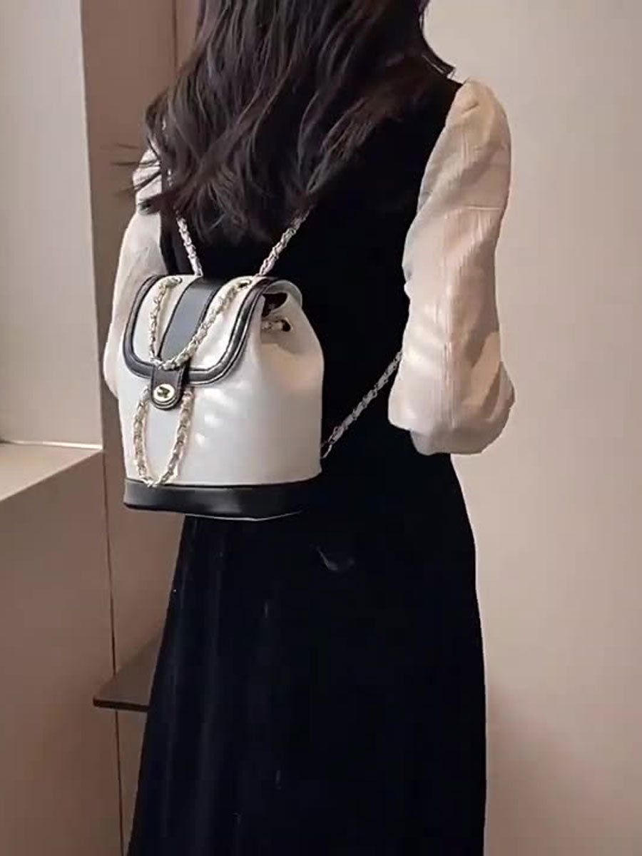 Small Chain Leather Backpack Black