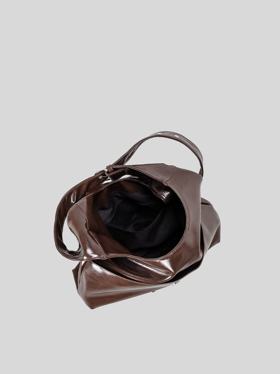 Large Patent Leather Hobo Bag with Grommet Strap Brown