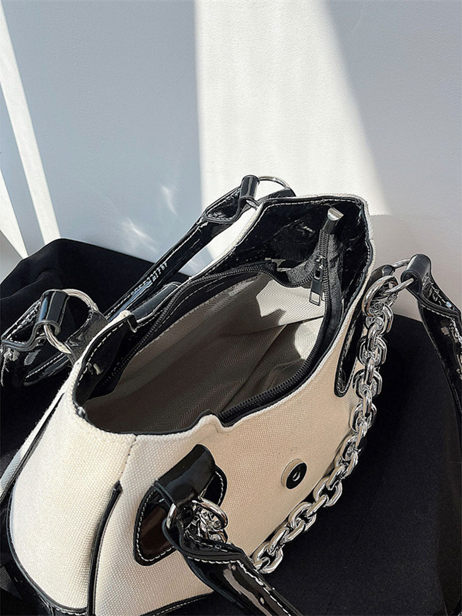 Patent Leather Chain Underarm Shoulder Bag Black