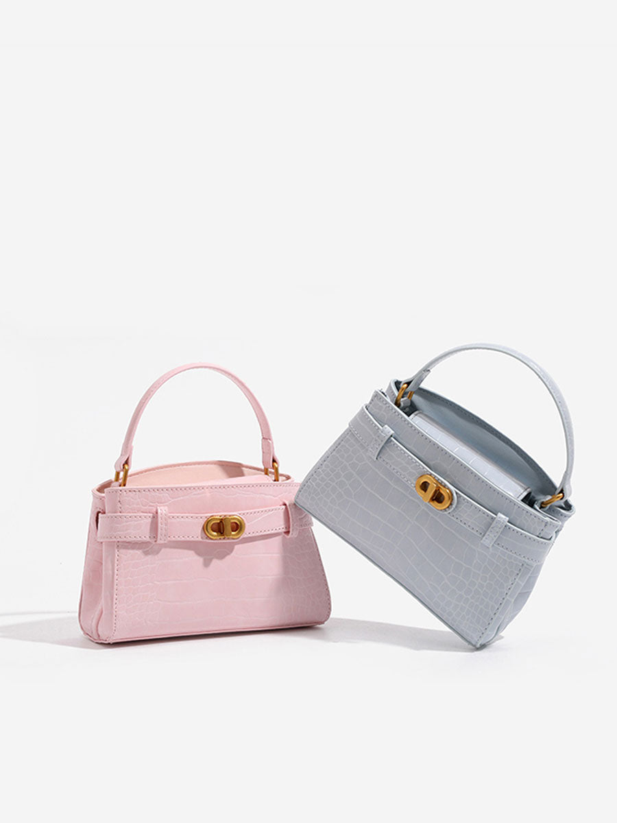 Croc Embossed Real Leather shoulder Handbag Pink