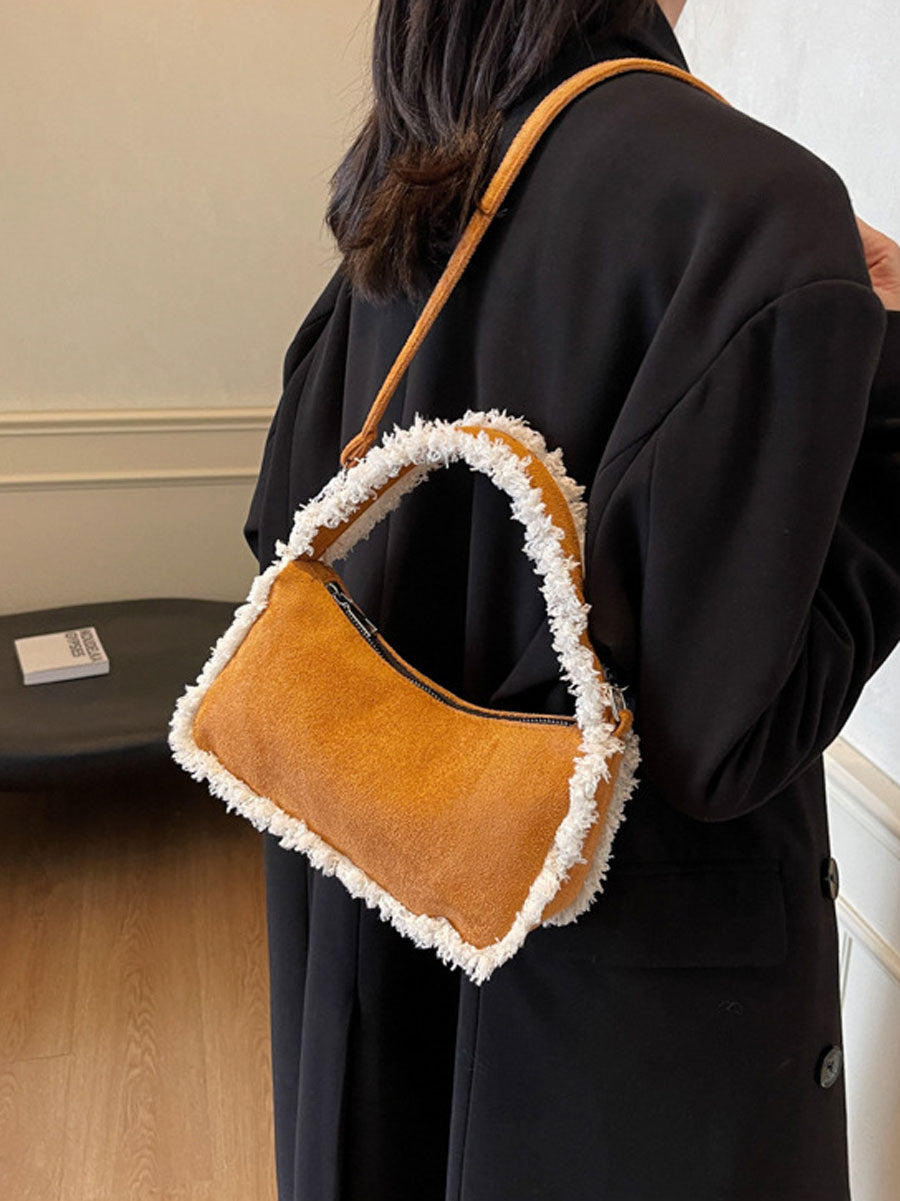 Trendy Plush Edge Crossbody Bag Brown