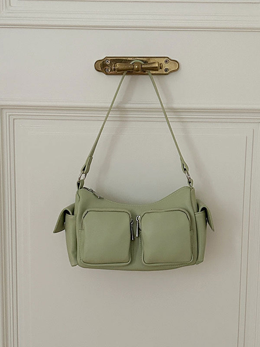 Trendy Shoulder Baguette Bag with Pockets White