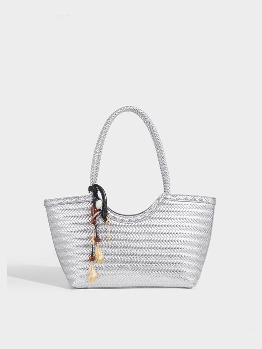 Boho Real Leather Woven Tote Bag Reddish Brown