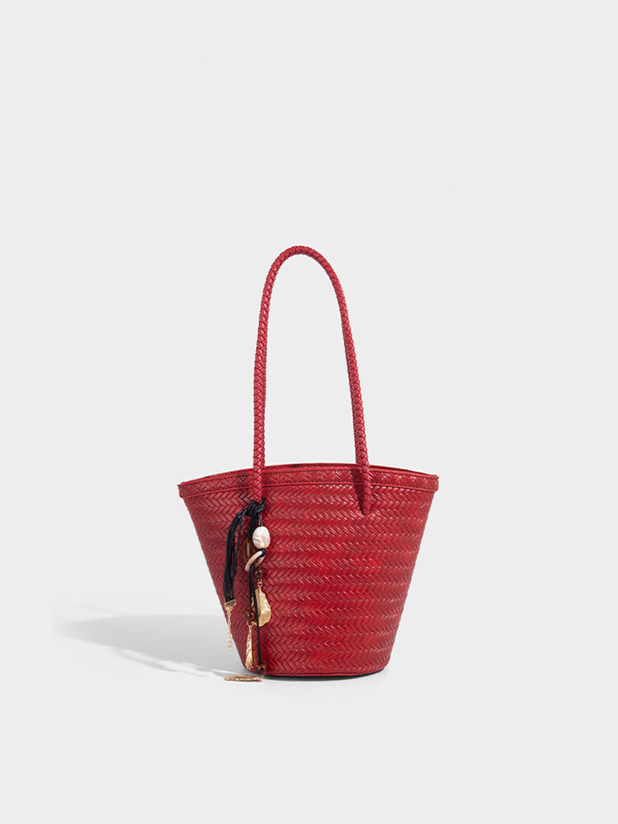 Boho Real Leather Woven Bucket Tote Bag Black