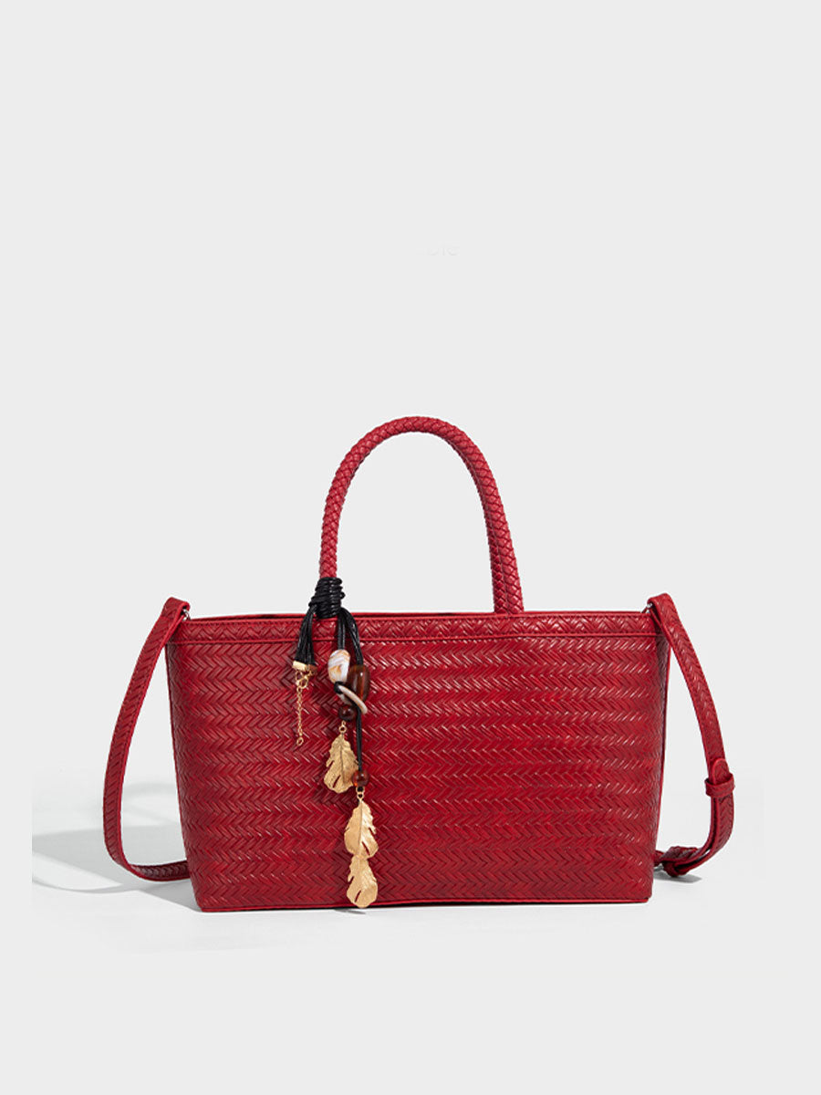 Real Leather Woven Tote Basket Bag White